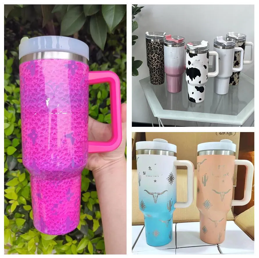 40OZ Designer Cups With LOGO Adventure Leopard Cow Old Flower Design Tumblers Handle Lids And Straws Car Mugs vacuum Insulated Drinking Water Bottles