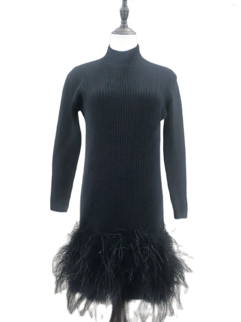 Casual Dresses Natural Ostrich Wool Dress Fur Bottom Furry Luxurious For Party 2023 Black Color B230632