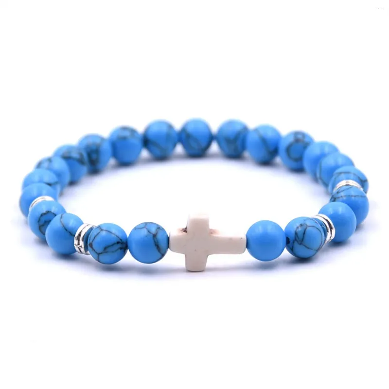 Strand Men Fashion Gift for Women Natural Stone Pärled Cross Charm Pärlor Elastic Armband Röd/Vit/Blue/Gray