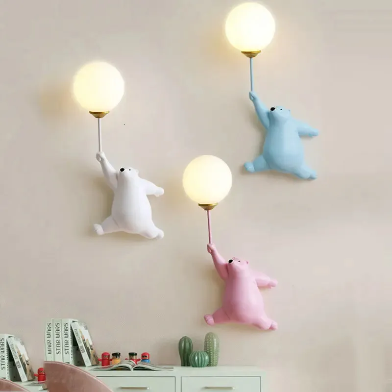 Garden Decorations Cartoon Blue White Pink Bear Wall Lamp for Children Kids Baby Girl Bedroom Bedside Light with 3D Printing Moon Lighting G9 231027