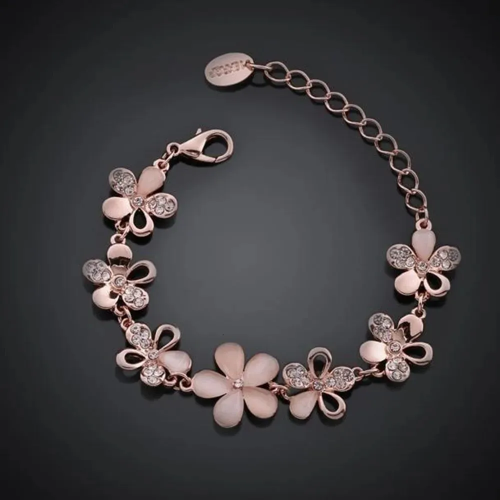 Charm Bracelets Charming 18K Rose Gold Plated Women Pink Cats Eye Opal Flower Chain Bracelet Gift For Girl 231027