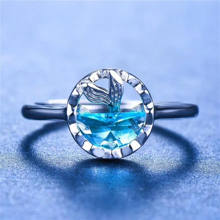 Wedding Rings Cute Boho Female 925 Sterling Silver Adjustable Ring Blue Crystal Mermaid Finger Unique Style Engagement For Women262r