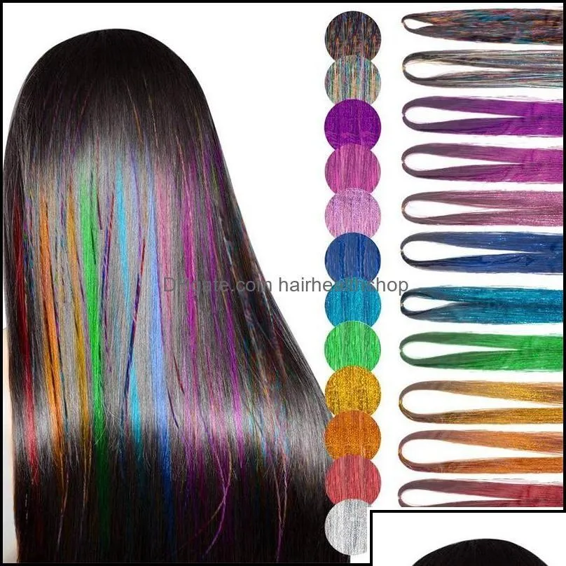 Haaraccessoires Haaraccessoires Gereedschappen Producten 90 cm lengte Glinsterend glanzend klatergoud Regenboogzijden haren Extensies Dazzles Dames Hippie F Dhlub