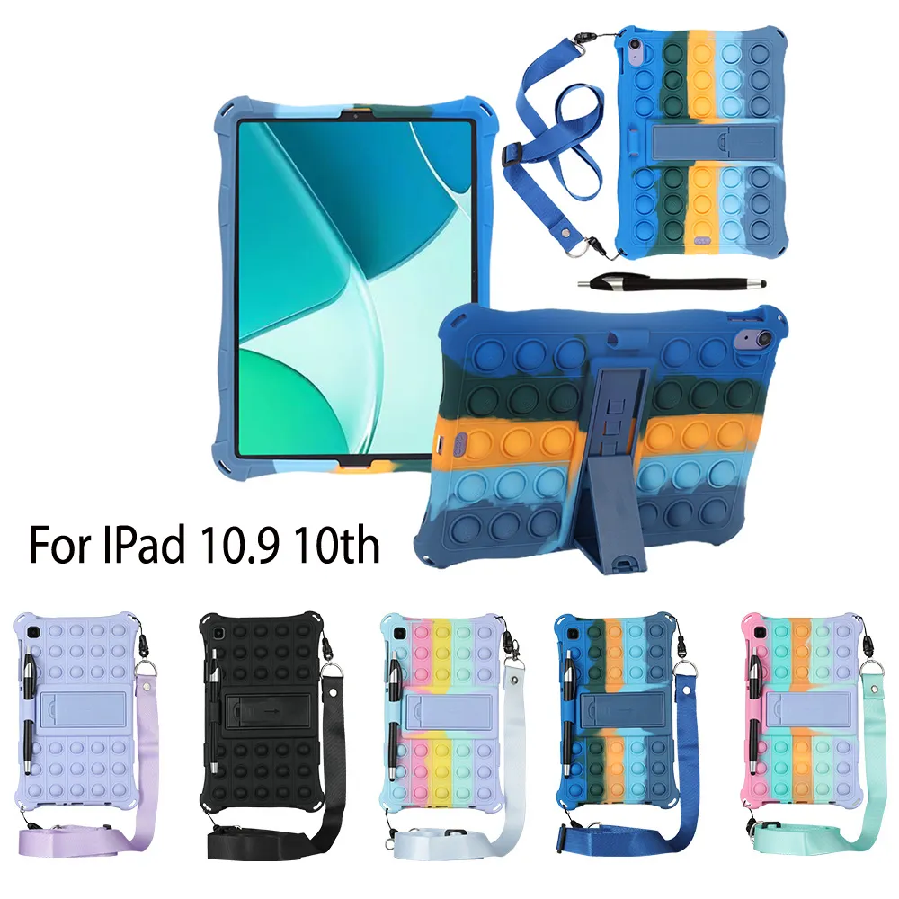 Soft Silicone Stand Cover Case For iPad 10th 10.9 inch Generation Kids Shockproof Tablet Cases Push Bubble Fidget Toy Protective Shell with Stylus Pen + Shoulder Strap