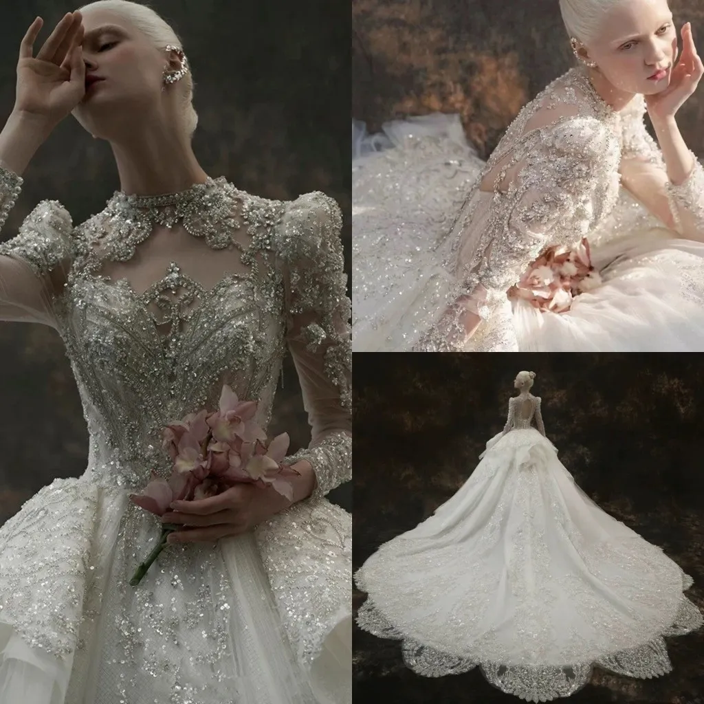 Crystals Fairy Luxury Ball 가운 웨딩 드레스 긴 소매 빈티지 Royal Puft Chapel Train 신부 가운 계층 로맨틱 공주 형식 착용 vestidos al9626