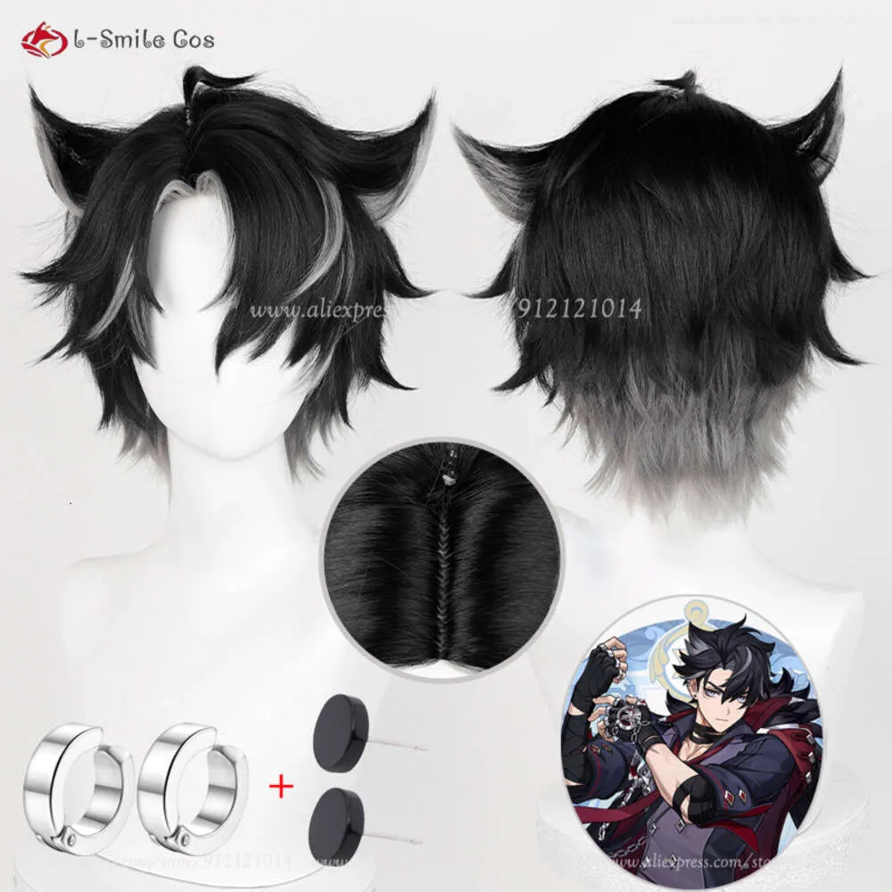 Catsuit Costumes Genshin Impact Fontaine Wriothesley Cosplay 30cm Black Gradient Gray Heat Resistant Synthetic Wigs Party + Wig Cap
