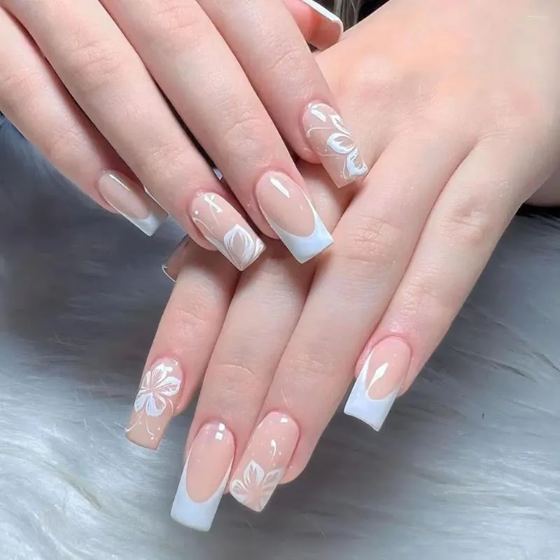 Falsas unhas quadradas cabeça francesa falsa destacável capa completa wearable manicure bailarina imprensa de unhas na menina