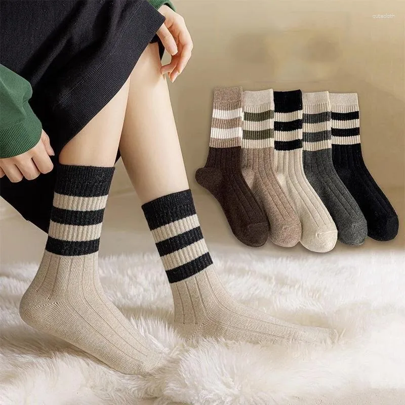 Women Socks Winter Striped For Retro Solid Color Mid-tube Harajuku Girls Female Breathable Cotton Sox Calcetines