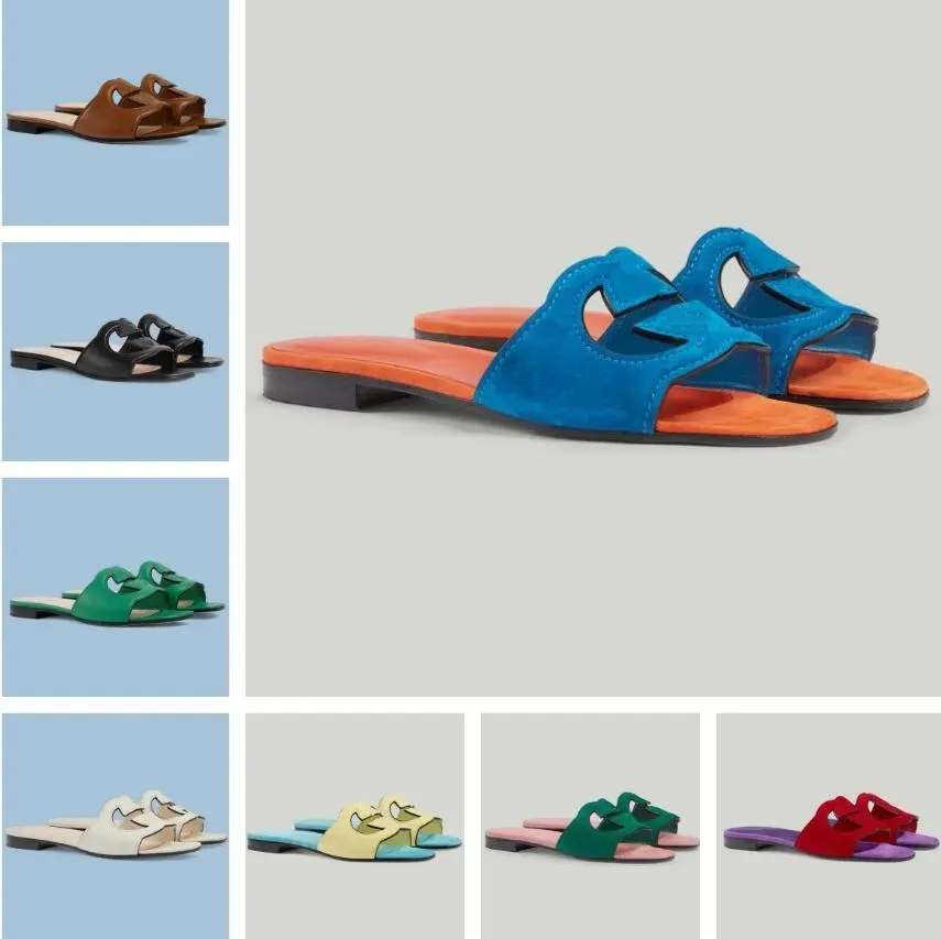 Summer Luxury 23S/S Women Slåsande sandaler Skor Cut-Out Slide Beach Flats Suede Leather Walking Slip On Talllippers Ladies Flip Flops EU35-43