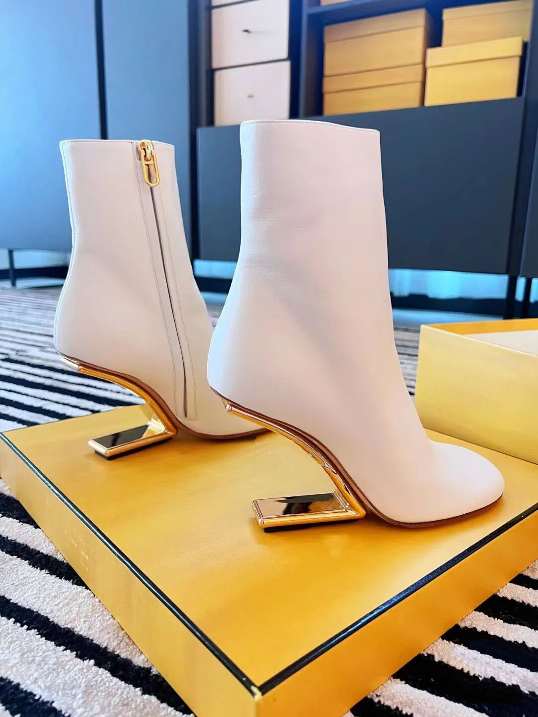 Winter Brand First shoes Women Ankle Boots White Black Nude calf Leather Metal wedge shaped Heels Round Toe gold-colored Booties Lady Booty EU35-43 Box