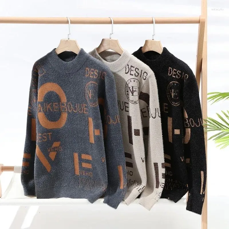 Men's Sweaters Letter Sweater Knitted Gentleman Harajuku Impression Word Pattern Pullover Vintage O-Neck Winter Tops