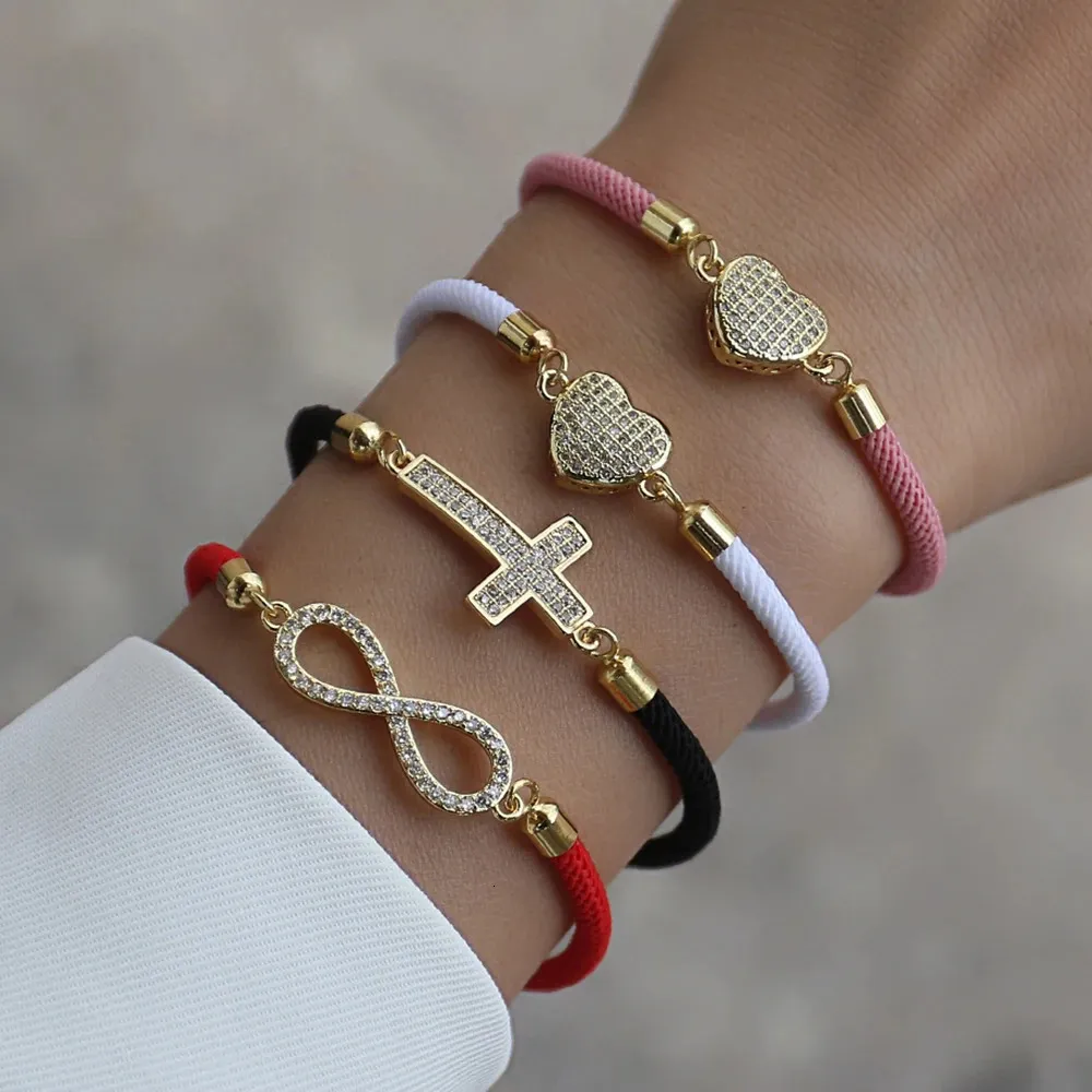 Charm Bracelets Fashion Cross Heart Bracelet Women Pave Zirconia Adjustable Colorful Rope For Jewelry Gift 231027