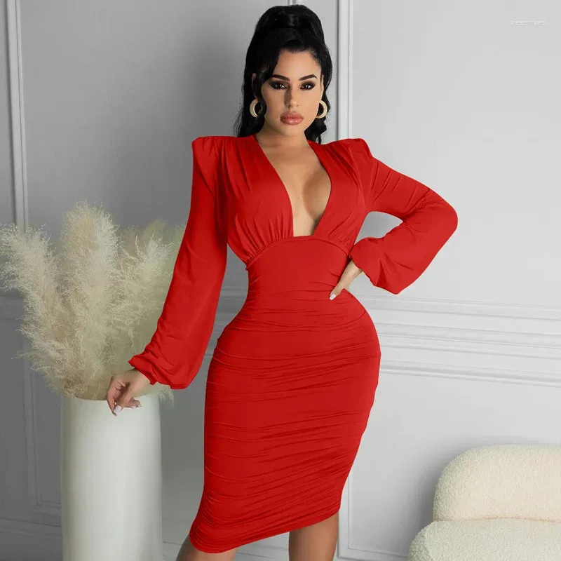 Casual Kleider EWSFV 2023 Herbst Winter Kleid V bekommt Sex Appeal Langarm Reine Farbe Wraps Gesäß Rock Schlank