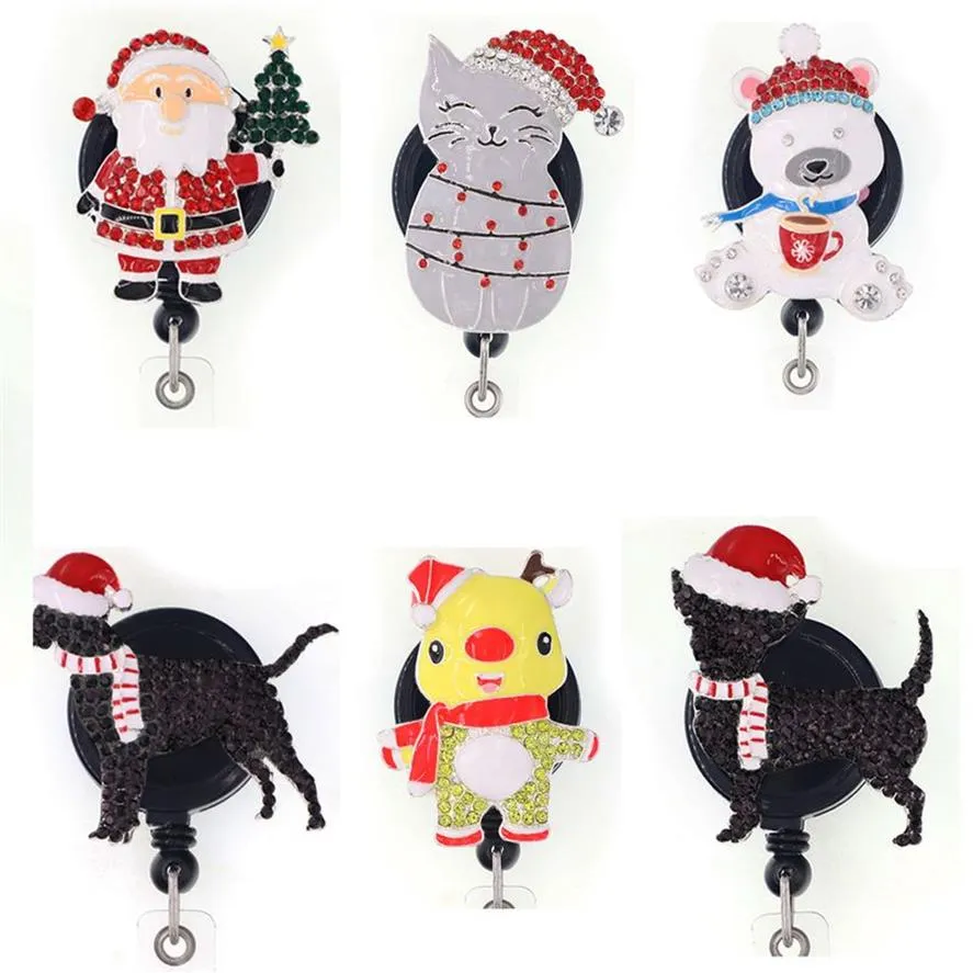 Nieuwste sleutelhangers Kerstmis Kerstman Sneeuwpop Hond Strass Intrekbare Vakantie ID-houder voor verpleegster Naamaccessoires Badge Reel 2663