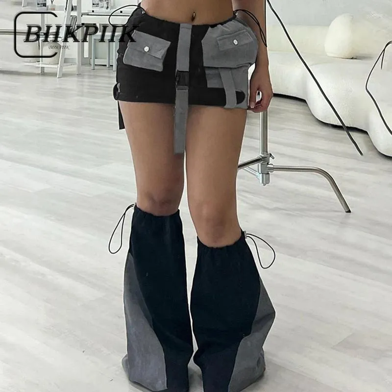 Skirts BIIKPIIK Grey Pockets Patchwork Sexy Mini Shirring Low Waist Elastic Streetwear With Leggings Women Outfits