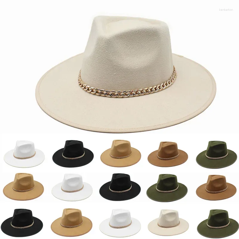 Berets Men Women Hemming Brim Fedora Hat Metal Chain Simple Floopy Wide Panama Trilby Cap Autumn Winter