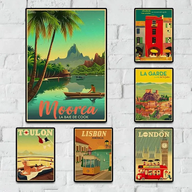 Autocollants muraux York londres italie TAHITI Hd voyage villes paysage film Anime rétro Vintage affiche pour la décoration intérieure chambre