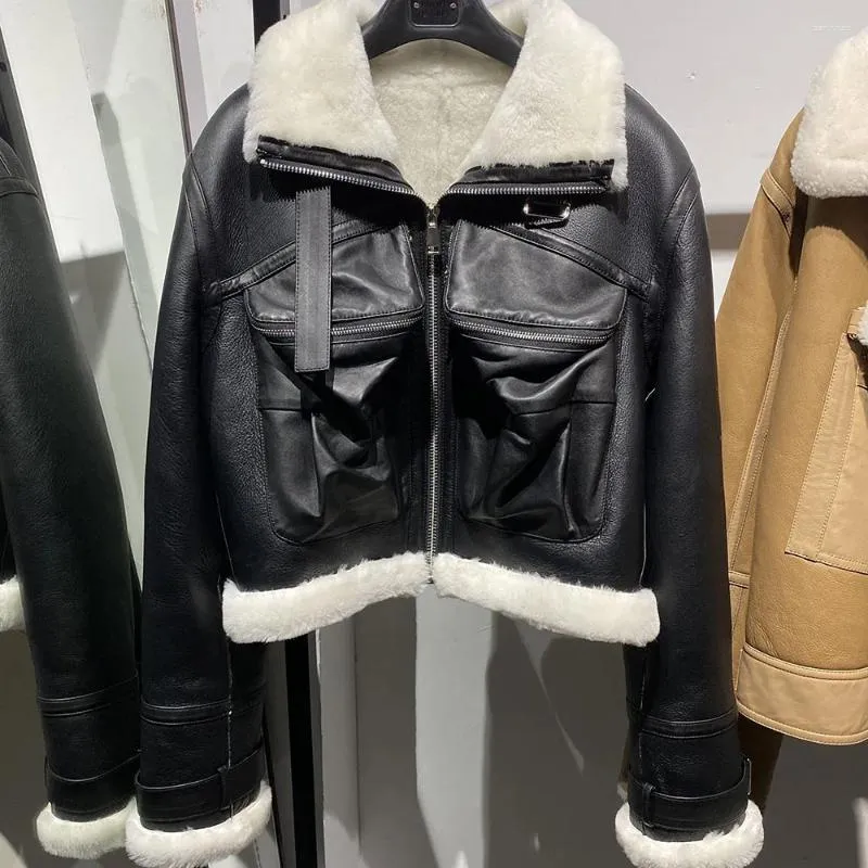 Yoloagain couro feminino 2023 inverno forro de pele de cordeiro preto shearling jaqueta feminina real senhoras streetwear