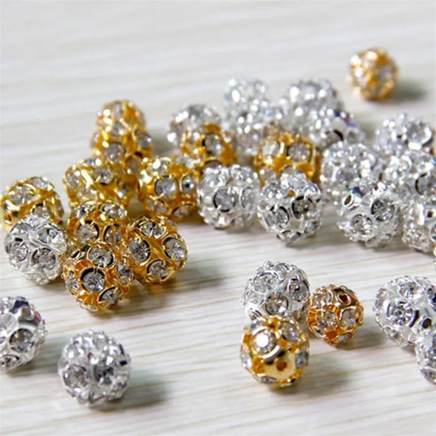 100st Lot Alloy Crystal Pärlor 8mm 10mm Gold Silver Round Pave Disco Ball Beads Rhinestone Crystal Spacer Pärlor för DIY -smycken FI309K