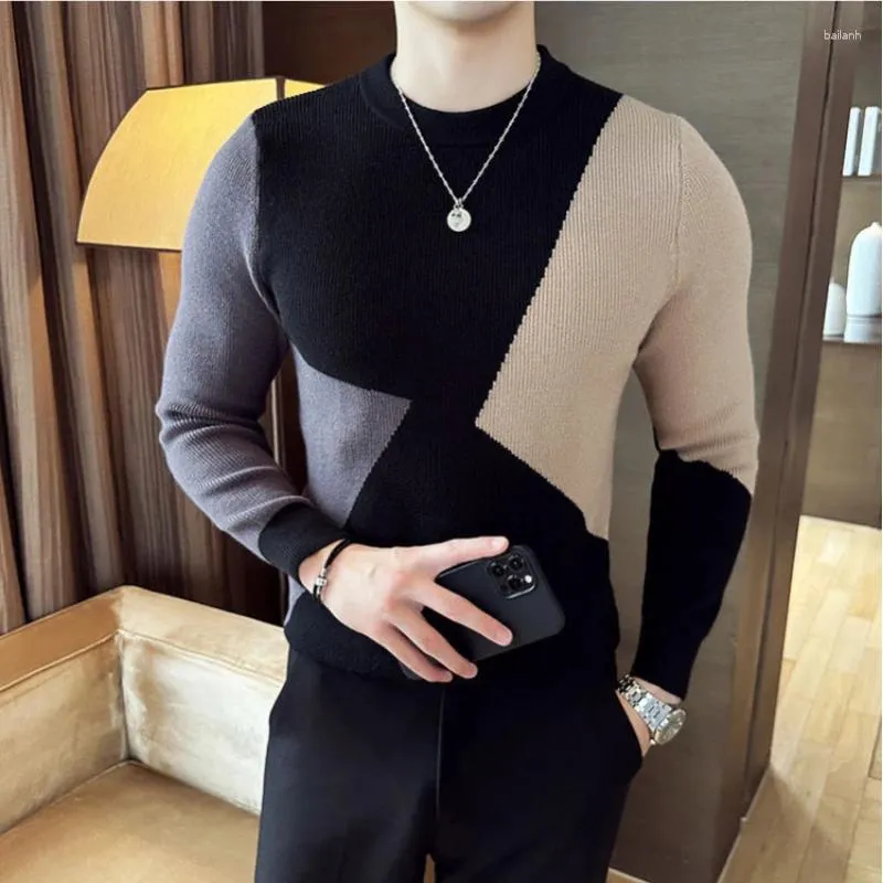 Men's Sweaters Size 3XL-M Autumn Winter Color Contrast Patchwork Knitted Sweater Men Round Neck Thickened Casual Business Square Pullover
