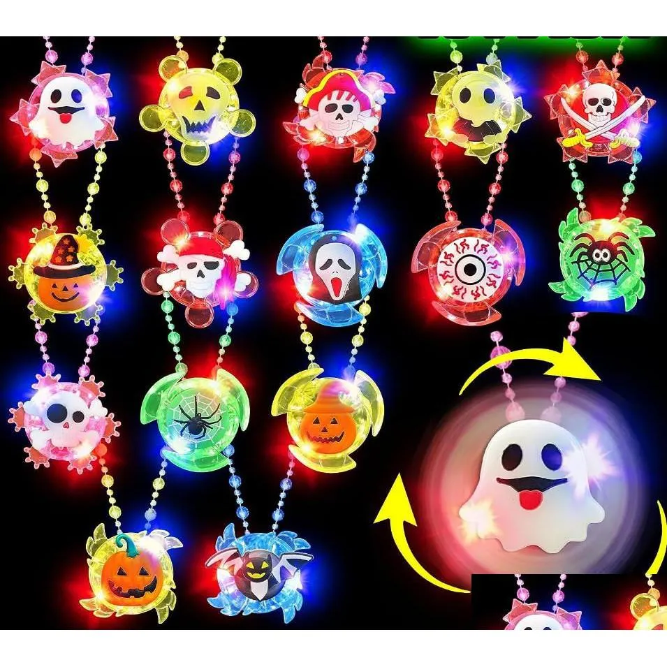 Festa Favor Halloween LED Spin Colares Light Up Favores Spider Fantasma Truque ou Tratar Brinquedos Brilho Goodie Bag Fillers Drop Delivery Home Dhval