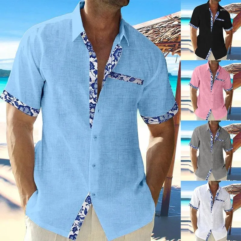 Mäns casual skjortor män strand hawaii stil skjorta sommarlov lös bomullslinne toppar lapptäcke tryckt kort ärm lapel