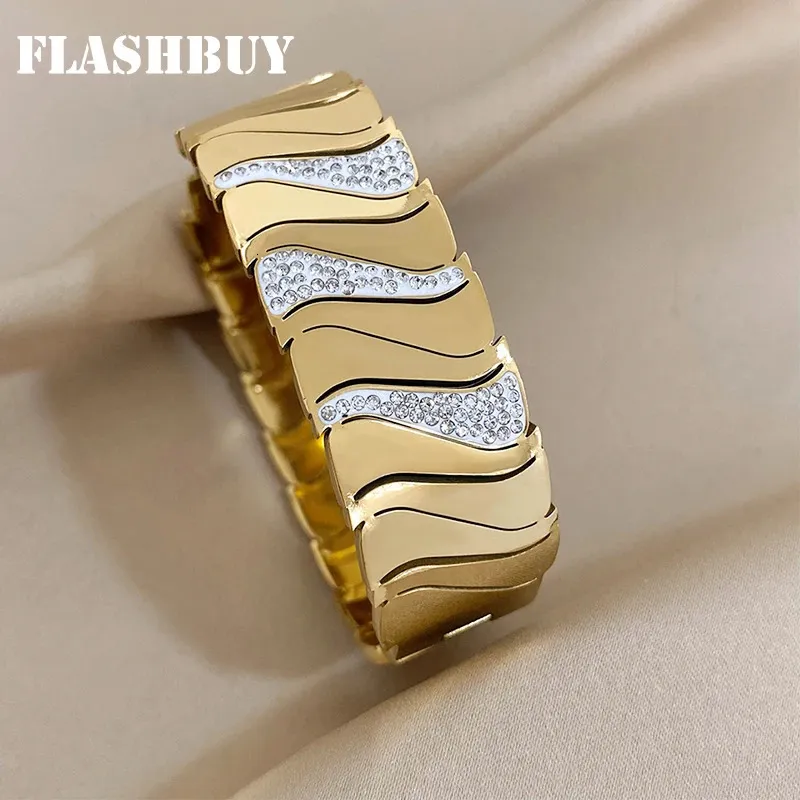 Браслет Flashbuy Design Wave Rhinestones Металлические широкие браслеты из нержавеющей стали Браслеты высокого качества из 18-каратного золота Водонепроницаемые ювелирные изделия 231027