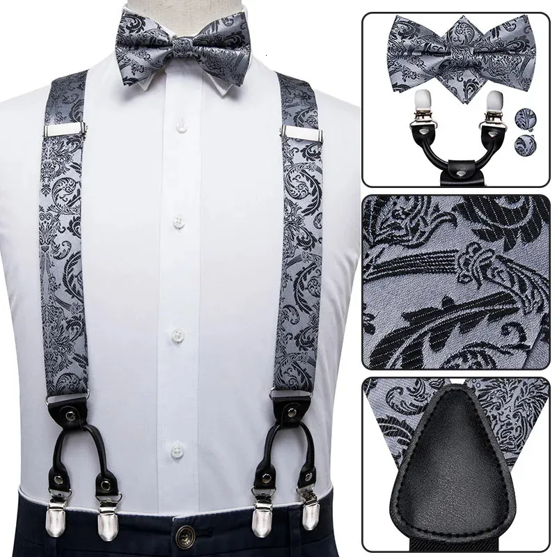 Set di cravatta Set di bretelle da uomo in seta vintage Hi-Tie Set di bretelle floreali dorate e set di papillon in pelle di metallo 6 clip Bretelle 231027