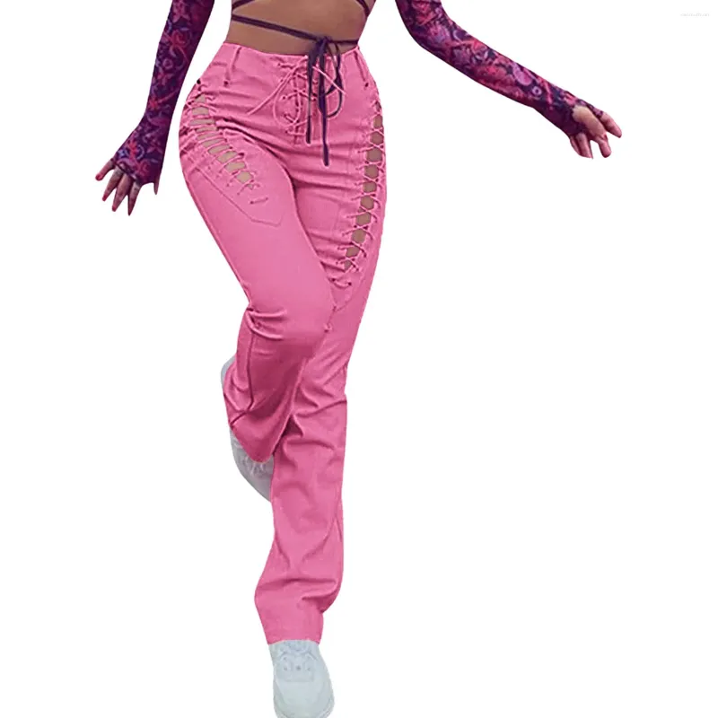 Pantaloni leggings da donna Pantaloni in pelle gotica con fasciatura finta punk con coulisse cava da donna a vita alta