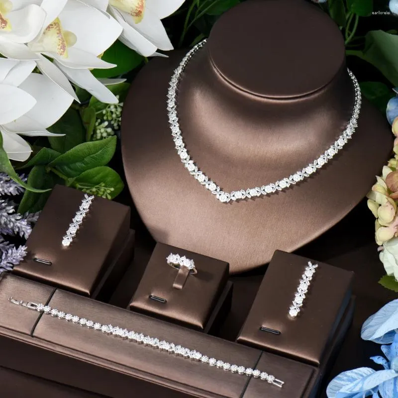 Halskette Ohrringe Set HIBRIDE Top Nigerian Dubai CZ Stein Blatt Blume 4 stücke Luxus Hochzeit Braut Für Frauen Zubehör N-1371