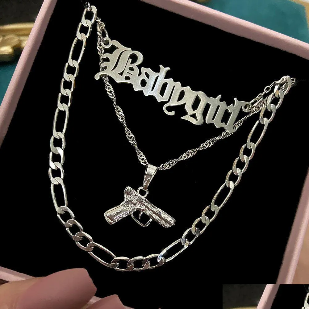 Pendentif Colliers Punk Mignon Mini Pistolet Lettres Figaro Collier Collier Pour Femmes Hommes Sier Couleur Mti Couches Cristal Pistolet Dix Dhgarden Otdoi