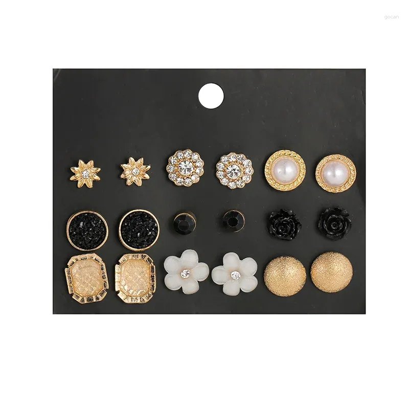 Ohrstecker, 9 Paar, gemischt, schwarz, rund, für Damen, Blumenform, edler Schmuck, Hochzeit, Verlobung, Ohrring-Set