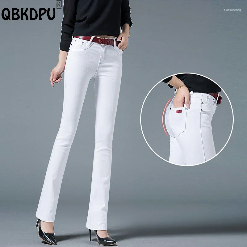 Kadınlar kot beyaz sıska alevlendi kadınlar Kore moda pamuk vaqueros ofis bayan denim çan tabanları pantolon bahar yaz pantalonları