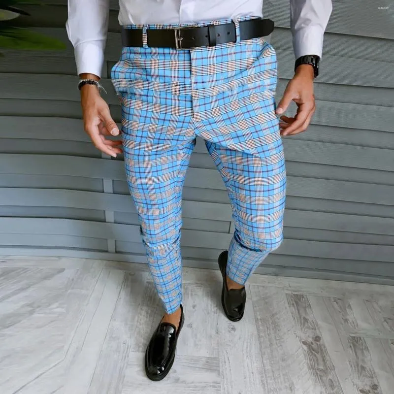 Spodnie męskie swobodne kraty do druku ołówku zamek błyskawiczne sprężyste spodnie