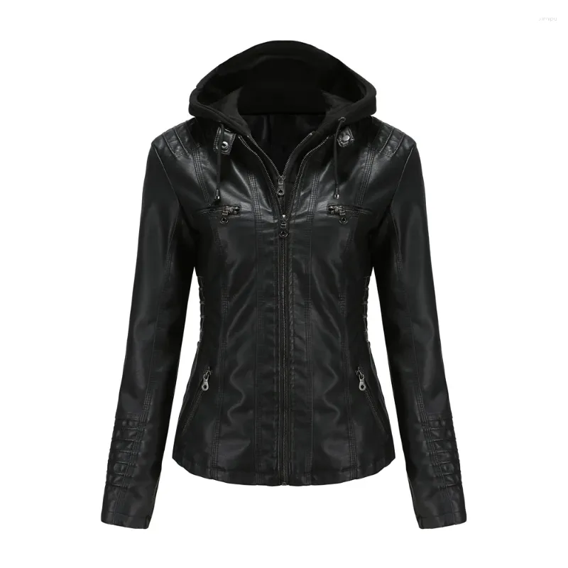 Jaqueta de couro falso feminino 2023 primavera com capuz moto biker zíper em outerwears outono damasco preto branco vermelho marrom