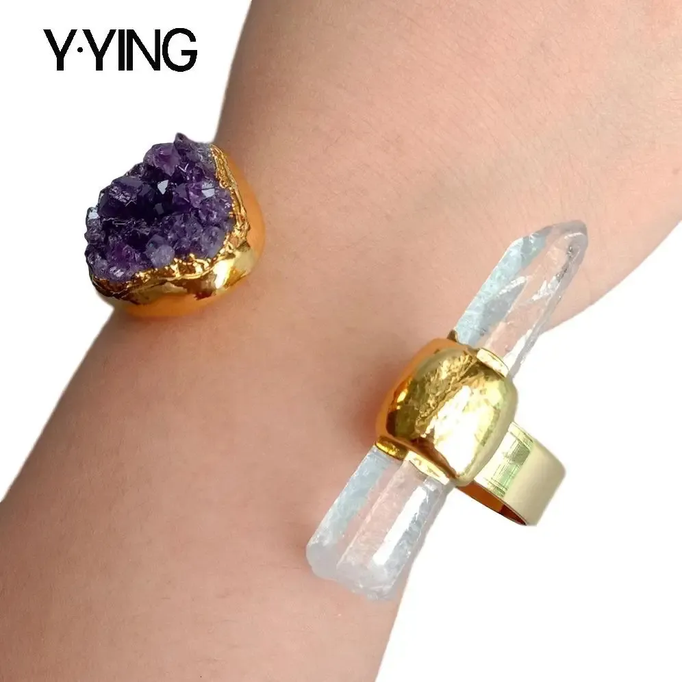 Bangle Y.YING natural Amethsyts Druzy White Quartz Bangle Gold color Electroplated Bracelet Adjustable 231027