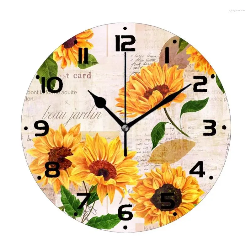 Wall Clocks Chic Watercolor Yellow Sunflower Floral Decorative Clock Vintage Flower Large Watch Kitchen Home Decor