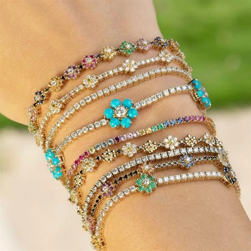 2021 Ny anlänt blå CZ färgglada blommor tennislänkkedja armband för kvinnor flickor is ut bling cz asfalterade daisy blommor armband257f