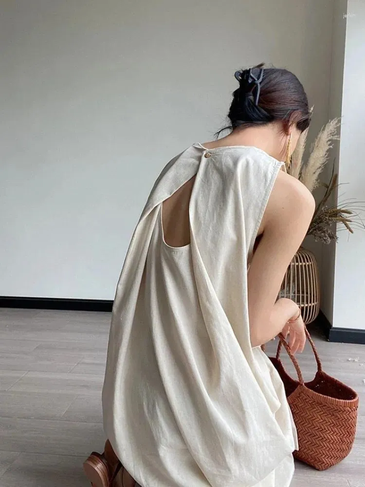 Robes de soirée Femmes Été Vintage Coton Lin Longue Robe Débardeur Dos Nu Sans Manches Élégant Lâche Maxi Robe Corée Style Sarafan