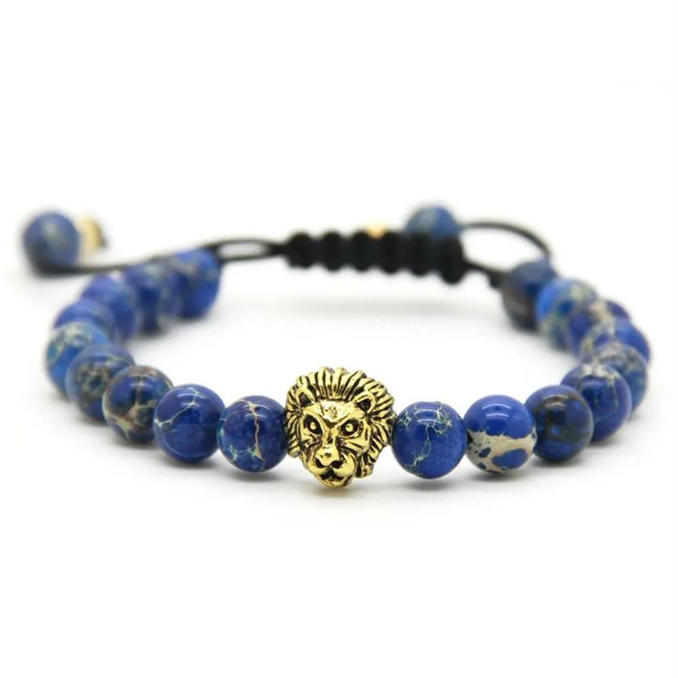 1PCS Retail Men's Bracelets 8mm Stone Beads Gold Silver Plated Lion Head Braiding Bracelets220K
