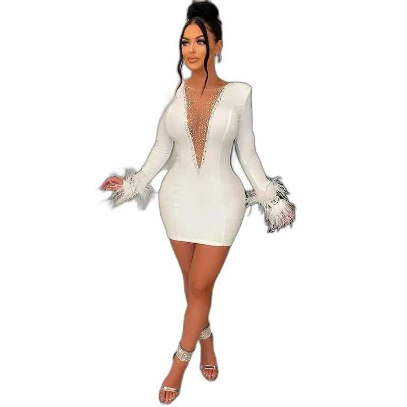 White Sexy Sheer Mesh Diamonds Feathers Bodycon Mini Prom Party