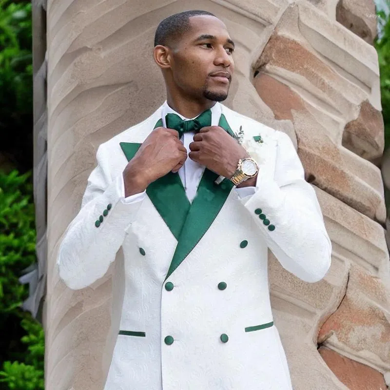 Ternos masculinos jacquard branco para homens fino ajuste verde cetim lapela casamento duplo breasted smoking baile mais recente casaco calça projetos