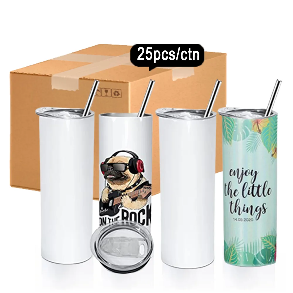 20oz Sublimation Blank Tumbler Straight 20 Oz White Vacuum Insulated Stainless Steel Travel Coffee Mugs Cups with Lid 1027