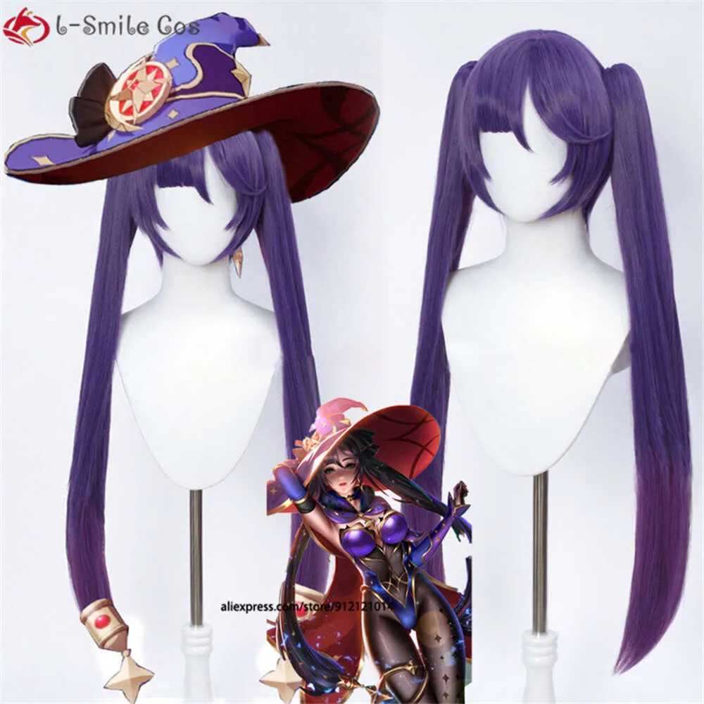 Trajes de Catsuit Jogo Genshin Impact Mona Roxo Longo Cosplay com Rabo de Cavalo Duplo Franja Resistente ao Calor Cabelo Sintético Perucas de Halloween + Peruca