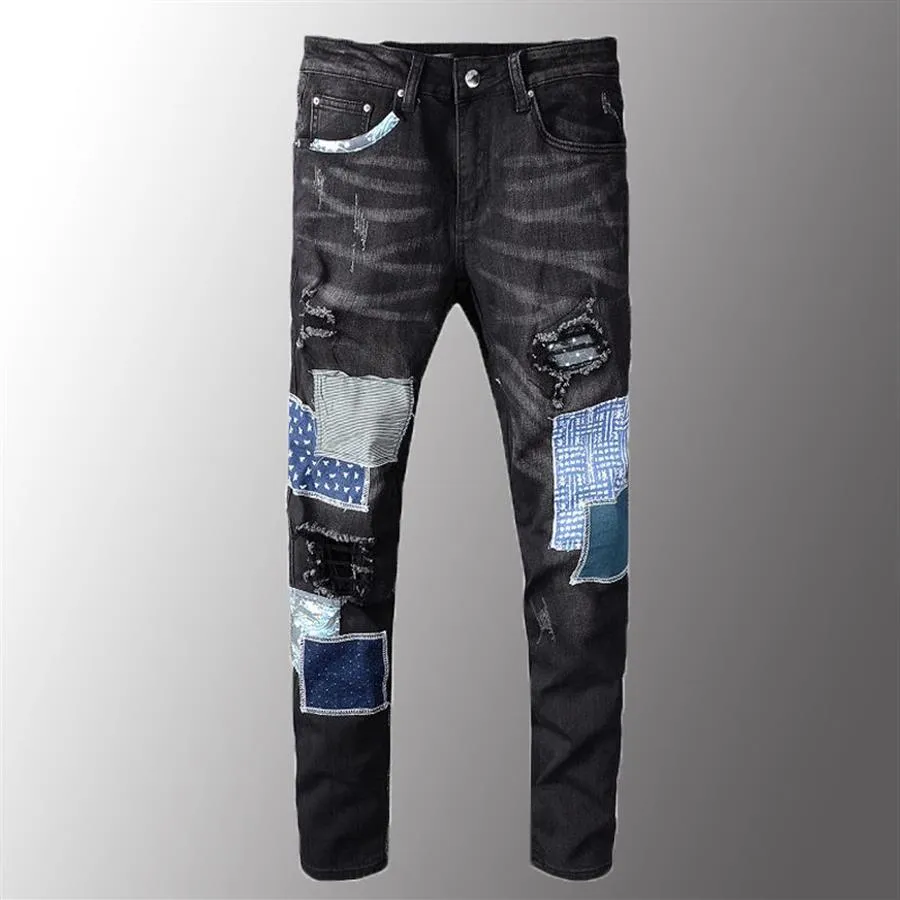 Minglu calças de brim dos homens de luxo preto retalhos jeans rasgados streetwear remendo design estiramento calças jeans magros calças269f