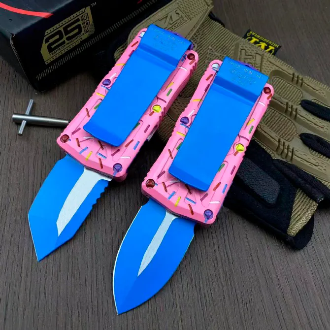 Neues Micro Tech Exclusive Dessert Warrior Donut Pink AUTO Messer D2 Klinge Luftfahrtaluminiumgriff Camping Outdoor Taktischer Kampf Selbstverteidigung EDC Taschenmesser