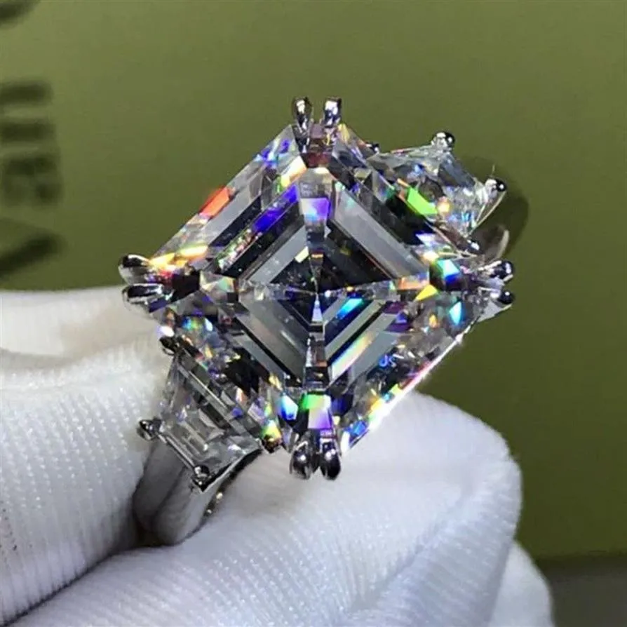 Choucong Luxury Jewelry Real 925 Sterling Silver Princess Cut White Topaz CZ Diamond Three Stone Gemstones Women Wedding Bridal Ri242E