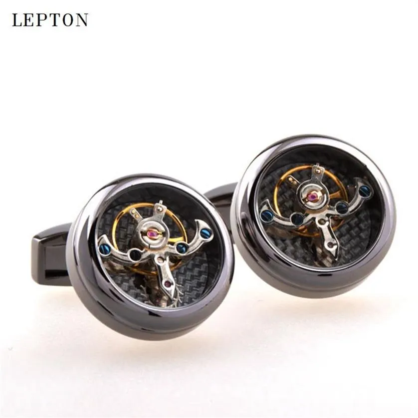 Rörelse Tourbillon manschettknappar för herrar Lepton Högkvalitativ mekanisk klocka Steampunk Gear Cuff Links Relojes Gemelos T19302L