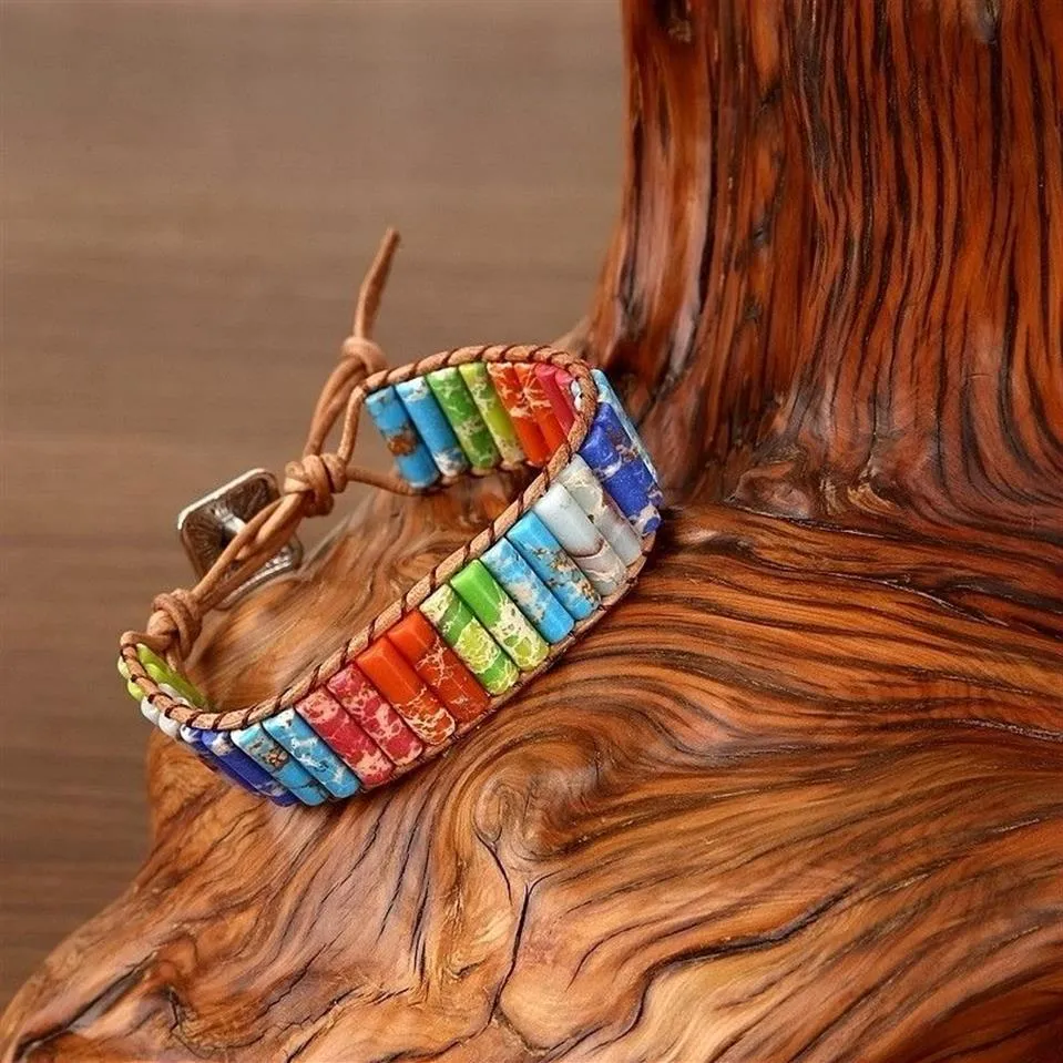 Charm Bracelets Handmade Chakra Bracelet Multicolor Natural Stone Tube Beads Leather Bangle Charms Wristband Jewelry Gifts277j