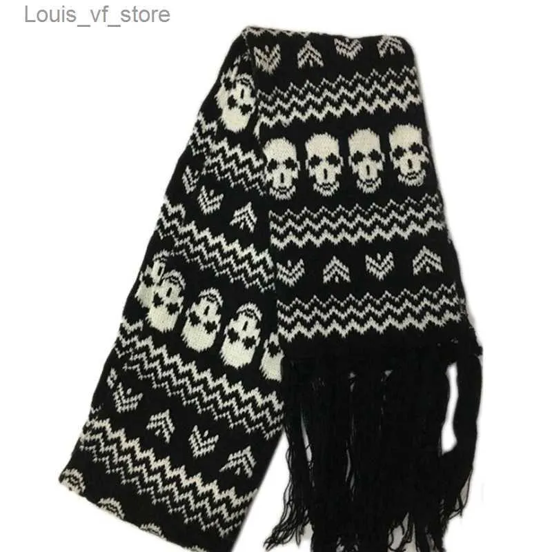 Schals Schal mit Fransen für Herren, schwarz und weiß, Totenkopf-Gekreuzte Knochen, Strickschal, Nachahmung, Wolle, Herbst-Winter, stilvoller Totenkopf, T2301027